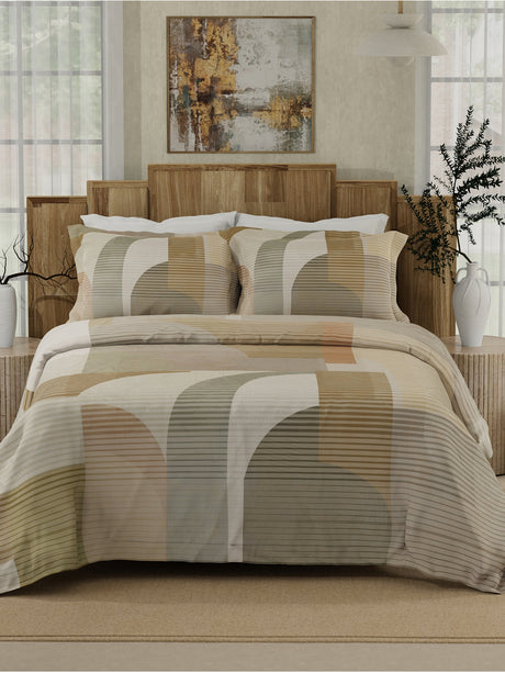 Gardenia Augusta 100% Cotton 300 TC Beige & Grey Digitally Printed King Bedsheet with 2 Pillow Covers