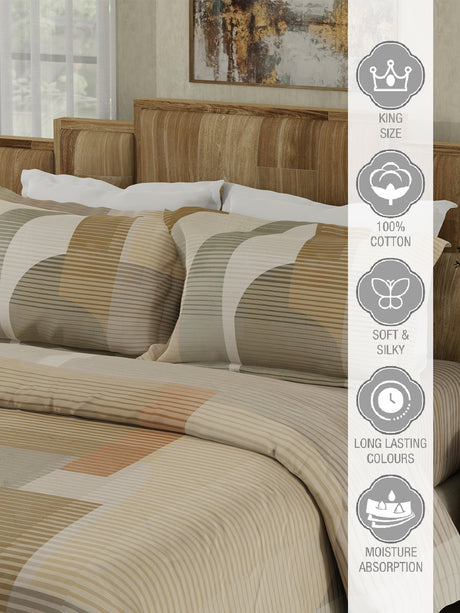 Gardenia Augusta 100% Cotton 300 TC Beige & Grey Digitally Printed King Bedsheet with 2 Pillow Covers