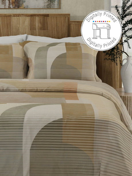 Gardenia Augusta 100% Cotton 300 TC Beige & Grey Digitally Printed King Bedsheet with 2 Pillow Covers