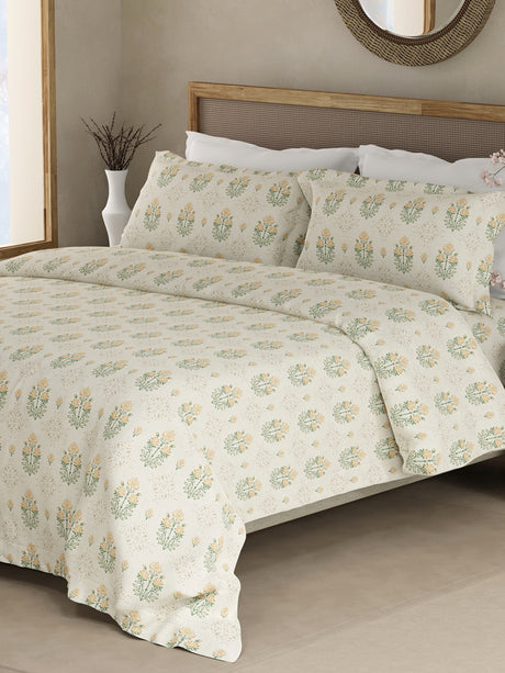 Indo Musk 100% Kasturi Cotton 200 TC Beige & Yellow Floral King Bedsheet with 2 Pillow Covers