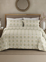 Indo Musk 100% Kasturi Cotton 200 TC Beige & Yellow Floral King Bedsheet with 2 Pillow Covers