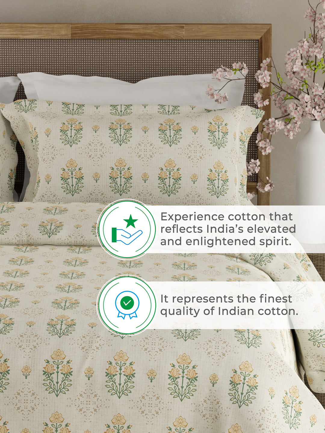 Indo Musk 100% Kasturi Cotton 200 TC Beige & Yellow Floral King Bedsheet with 2 Pillow Covers