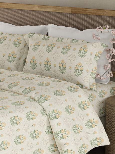 Indo Musk 100% Kasturi Cotton 200 TC Beige & Yellow Floral King Bedsheet with 2 Pillow Covers