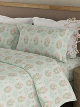 Indo Musk 100% Kasturi Cotton 200 TC Grey & Pink Floral King Bedsheet with 2 Pillow Covers