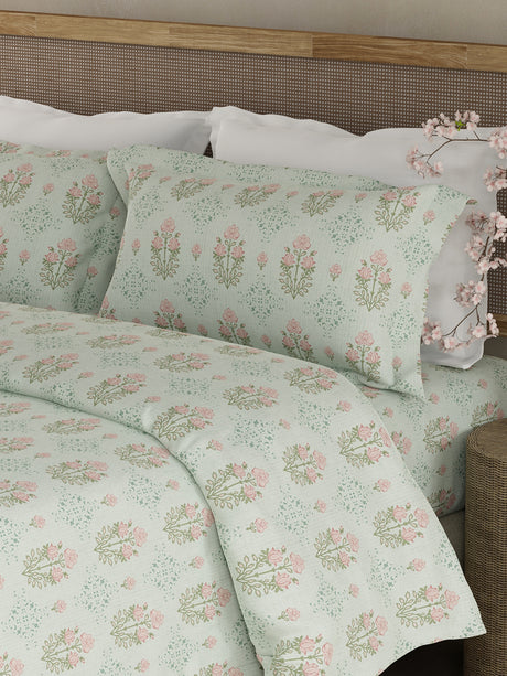 Indo Musk 100% Kasturi Cotton 200 TC Grey & Pink Floral King Bedsheet with 2 Pillow Covers
