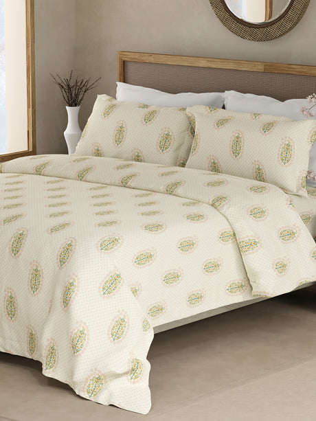 Indo Musk 100% Kasturi Cotton 200 TC Cream Floral King Bedsheet with 2 Pillow Covers