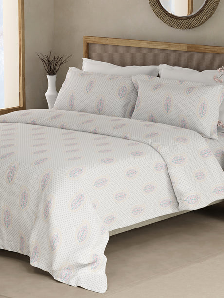 Indo Musk 100% Kasturi Cotton 200 TC White & Grey Floral King Bedsheet with 2 Pillow Covers