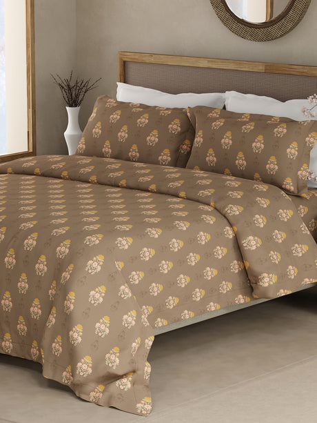 Indo Musk 100% Kasturi Cotton 200 TC Brown Floral King Bedsheet with 2 Pillow Covers