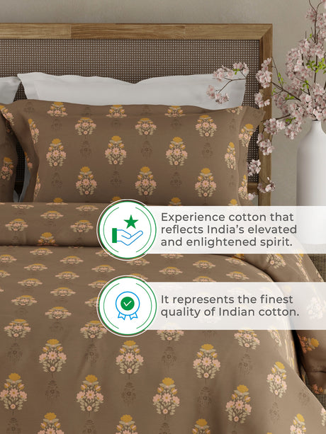 Indo Musk 100% Kasturi Cotton 200 TC Brown Floral King Bedsheet with 2 Pillow Covers