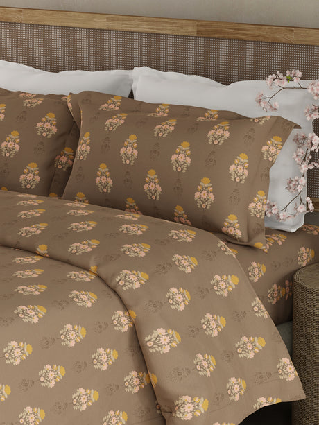 Indo Musk 100% Kasturi Cotton 200 TC Brown Floral King Bedsheet with 2 Pillow Covers