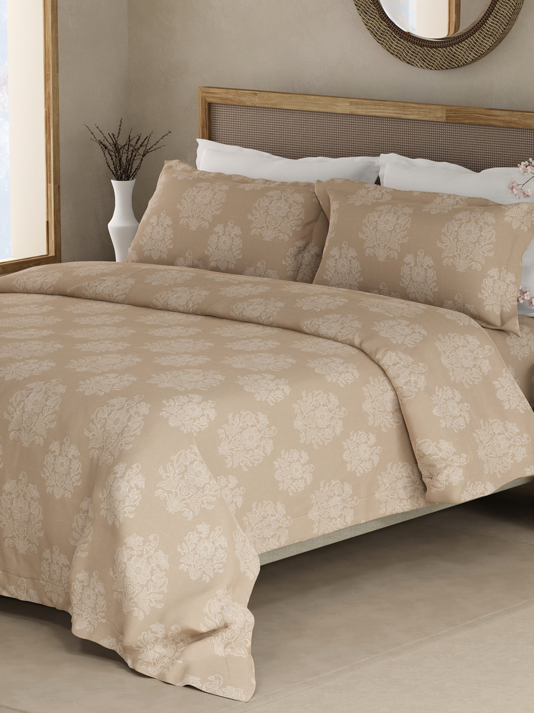 Indo Musk 100% Kasturi Cotton 200 TC Light Brown Floral King Bedsheet with 2 Pillow Covers