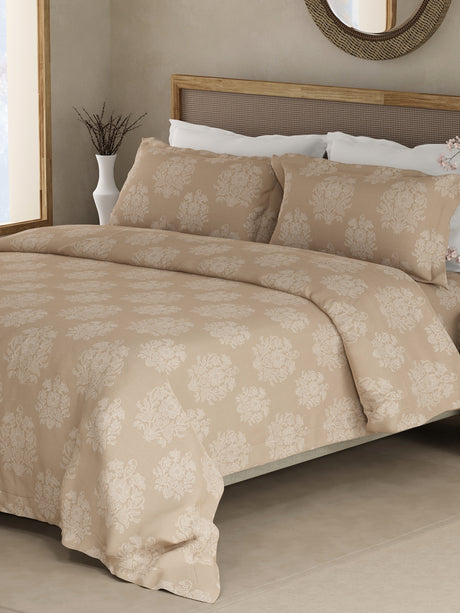 Indo Musk 100% Kasturi Cotton 200 TC Light Brown Floral King Bedsheet with 2 Pillow Covers