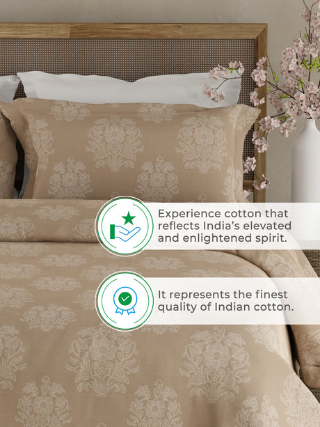 Indo Musk 100% Kasturi Cotton 200 TC Light Brown Floral King Bedsheet with 2 Pillow Covers