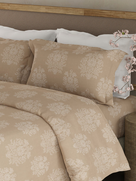 Indo Musk 100% Kasturi Cotton 200 TC Light Brown Floral King Bedsheet with 2 Pillow Covers