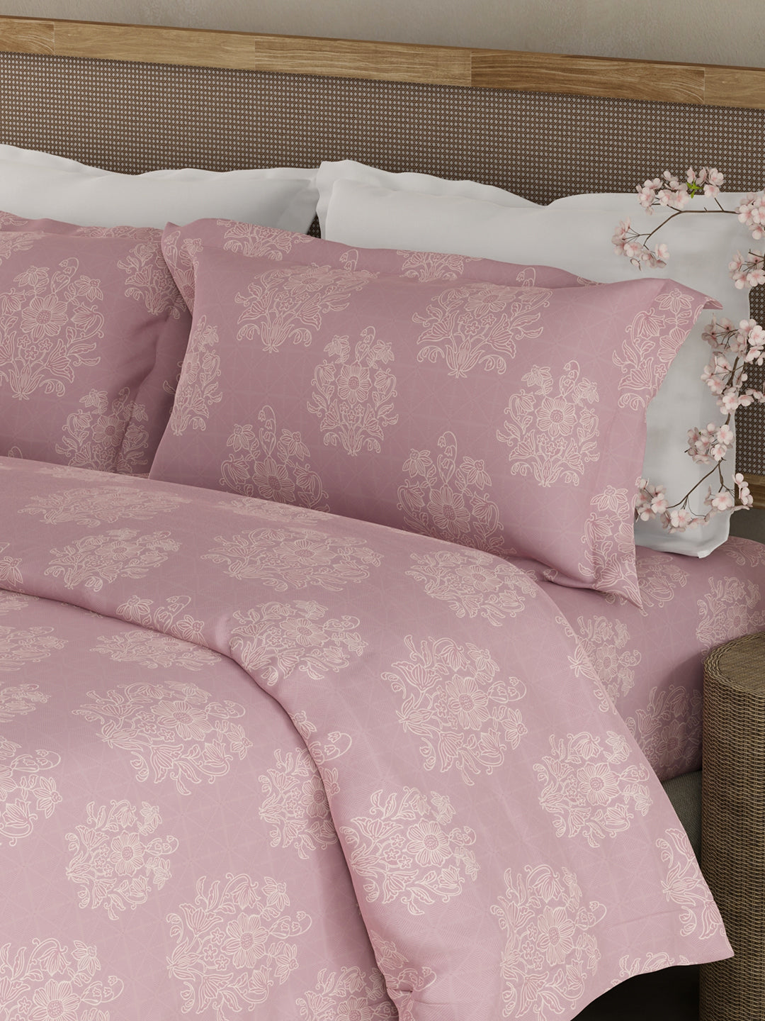 Indo Musk 100% Kasturi Cotton 200 TC Pink Floral King Bedsheet with 2 Pillow Covers