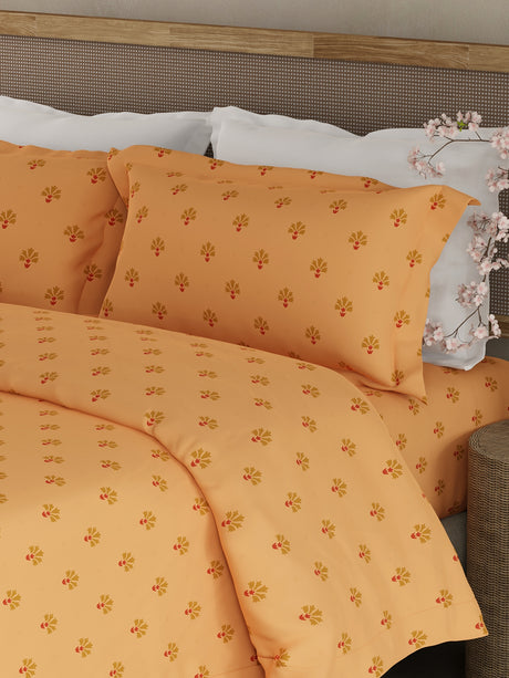 Indo Musk 100% Kasturi Cotton 200 TC Yellow Ethnic Print King Bedsheet with 2 Pillow Covers