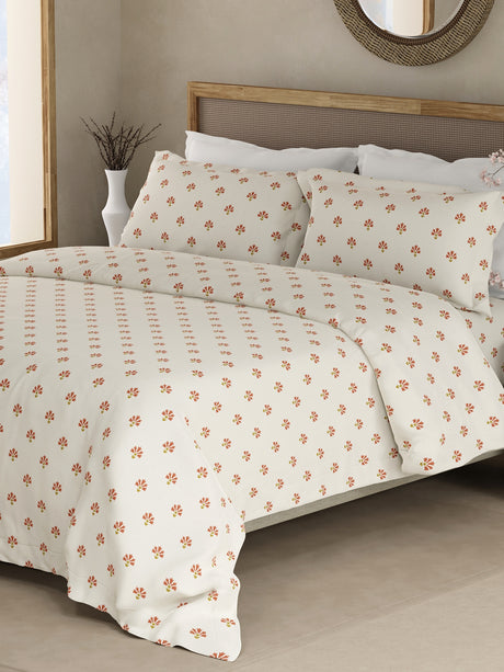 Indo Musk 100% Kasturi Cotton 200 TC White & Red Ethnic Print King Bedsheet with 2 Pillow Covers