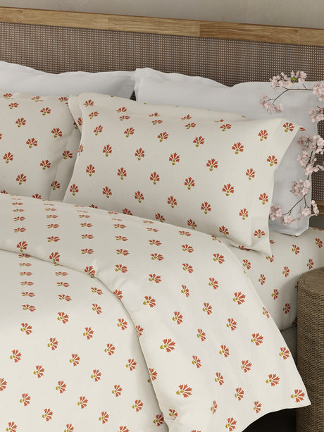 Indo Musk 100% Kasturi Cotton 200 TC White & Red Ethnic Print King Bedsheet with 2 Pillow Covers