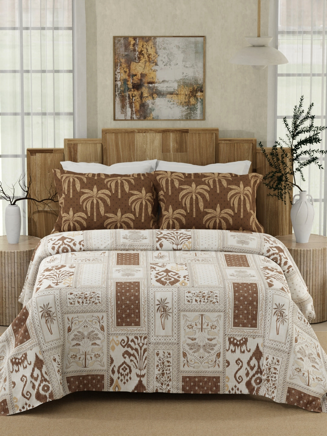 Gardenia Augusta 100% Cotton 300 TC Brown & White Digitally Printed King Bedsheet with 2 Pillow Covers