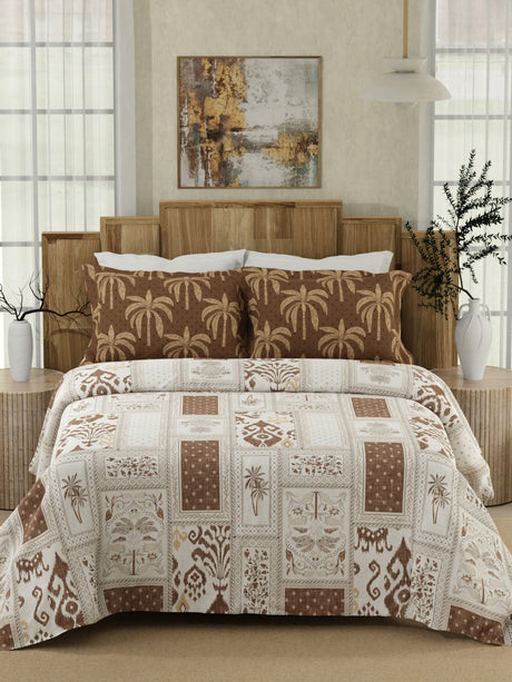 Gardenia Augusta 100% Cotton 300 TC Brown & White Digitally Printed King Bedsheet with 2 Pillow Covers
