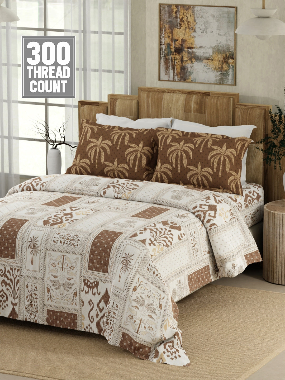 Gardenia Augusta 100% Cotton 300 TC Brown & White Digitally Printed King Bedsheet with 2 Pillow Covers
