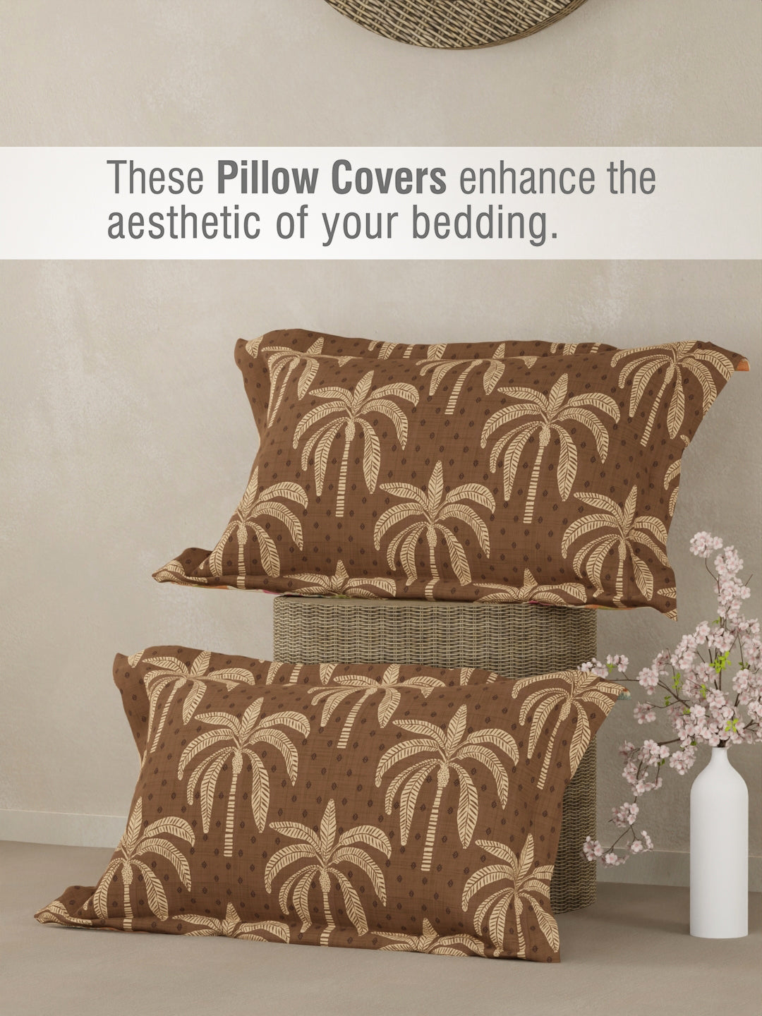 Gardenia Augusta 100% Cotton 300 TC Brown & White Digitally Printed King Bedsheet with 2 Pillow Covers