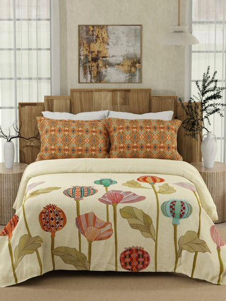 Gardenia Augusta 100% Cotton 300 TC Beige Digitally Printed King Bedsheet with 2 Pillow Covers