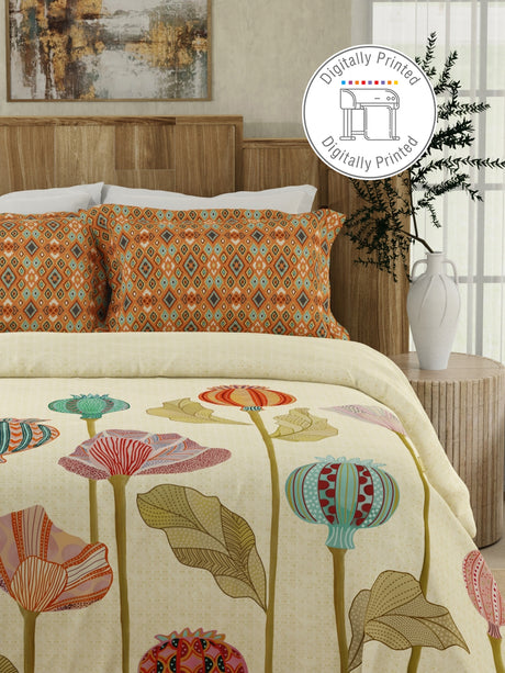 Gardenia Augusta 100% Cotton 300 TC Beige Digitally Printed King Bedsheet with 2 Pillow Covers