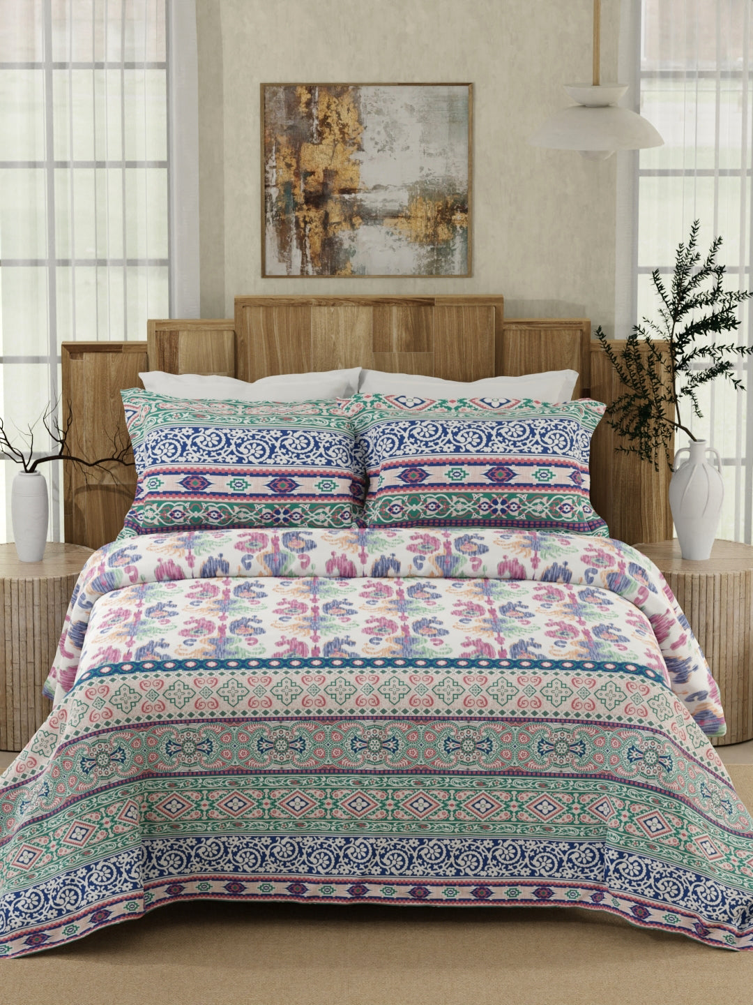 Gardenia Augusta 100% Cotton 300 TC Blue Digitally Printed King Bedsheet with 2 Pillow Covers