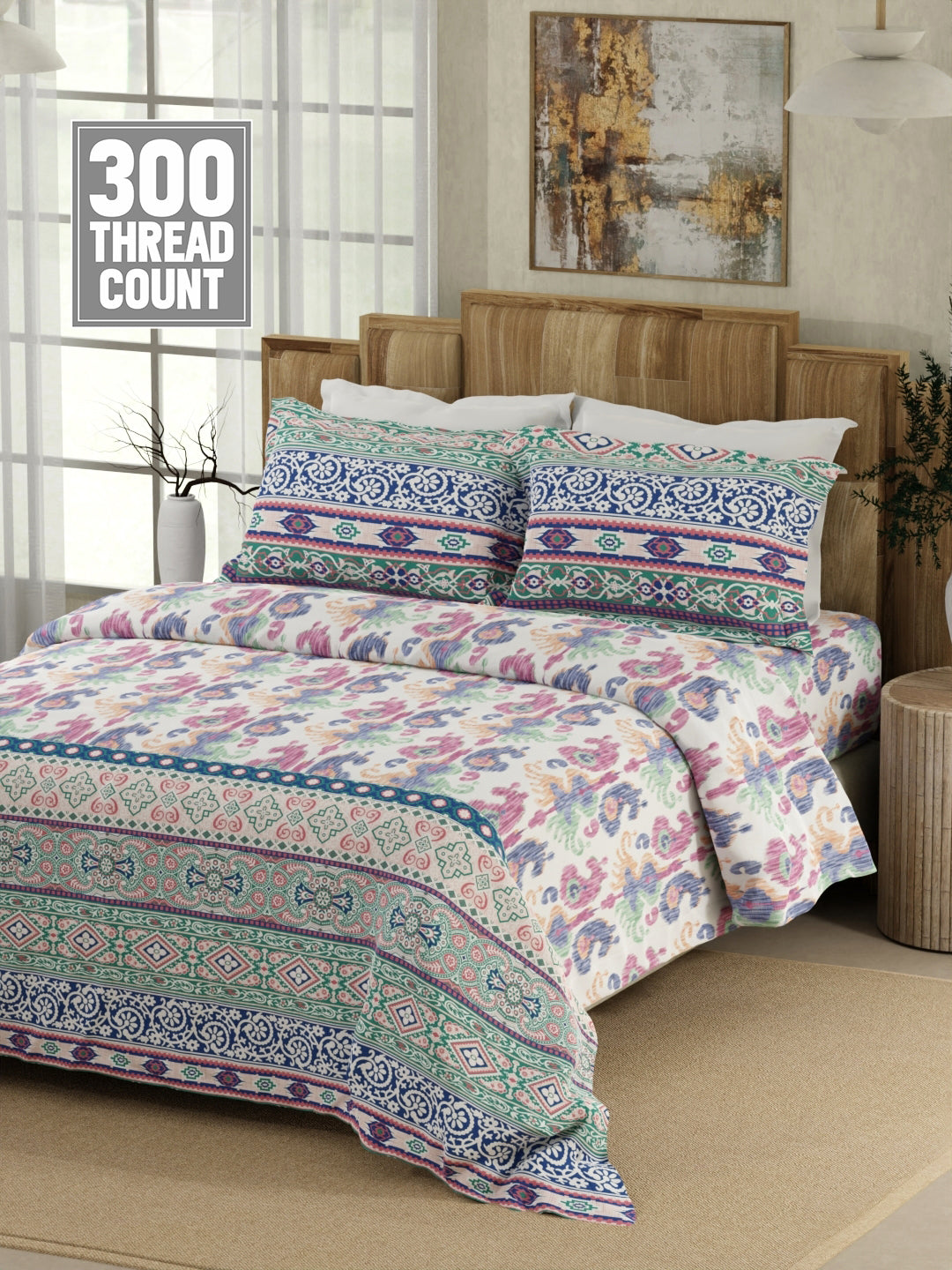 Gardenia Augusta 100% Cotton 300 TC Blue Digitally Printed King Bedsheet with 2 Pillow Covers