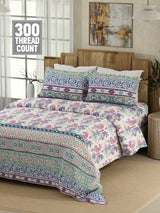 Gardenia Augusta 100% Cotton 300 TC Blue Digitally Printed King Bedsheet with 2 Pillow Covers