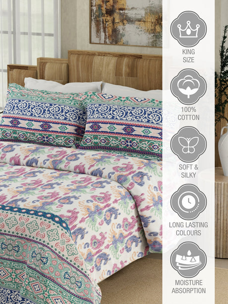 Gardenia Augusta 100% Cotton 300 TC Blue Digitally Printed King Bedsheet with 2 Pillow Covers