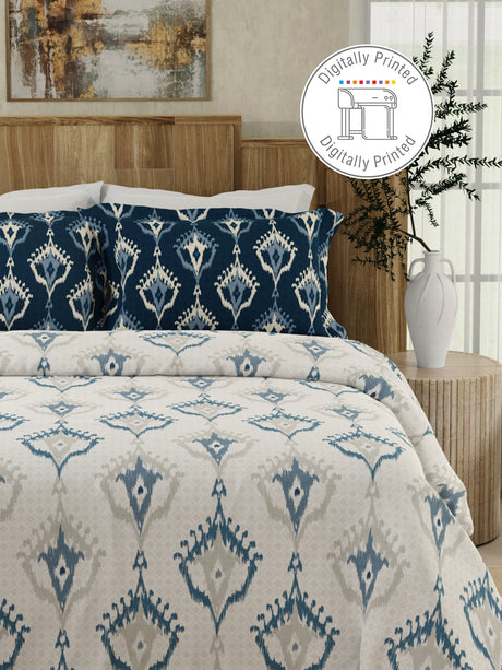 Gardenia Augusta 100% Cotton 300 TC Blue & White Digitally Printed King Bedsheet with 2 Pillow Covers
