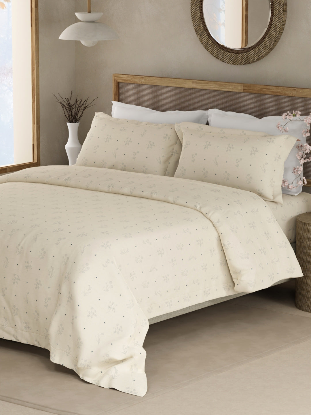 Cottage Garden 100% Organic Cotton 300 TC King Bedsheet with 2 Pillow Covers - Cream & Blue Floral