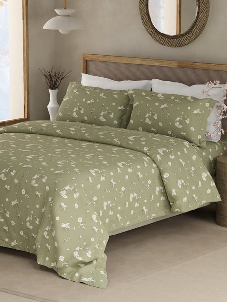 Cottage Garden 100% Organic Cotton 300 TC King Bedsheet with 2 Pillow Covers - Green & White Floral