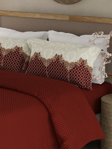 Heritage Walk 100% Egyptian Cotton 200 TC Red Ethnic Print King Bedsheet with 2 Pillow Covers