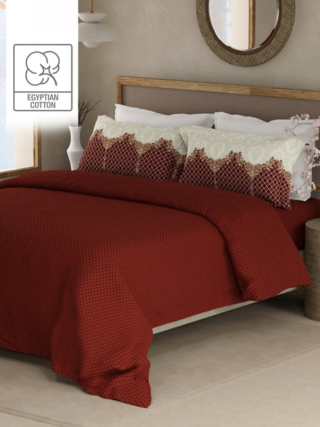 Heritage Walk 100% Egyptian Cotton 200 TC Red Ethnic Print King Bedsheet with 2 Pillow Covers