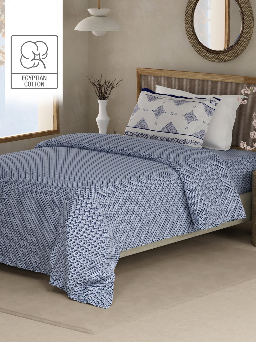 Heritage Walk 100% Egyptian Cotton 200 TC Blue Ethnic Print Single Bedsheet with 1 Pillow Cover