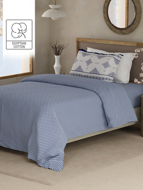 Heritage Walk 100% Egyptian Cotton 200 TC Blue Ethnic Print Single Bedsheet with 1 Pillow Cover