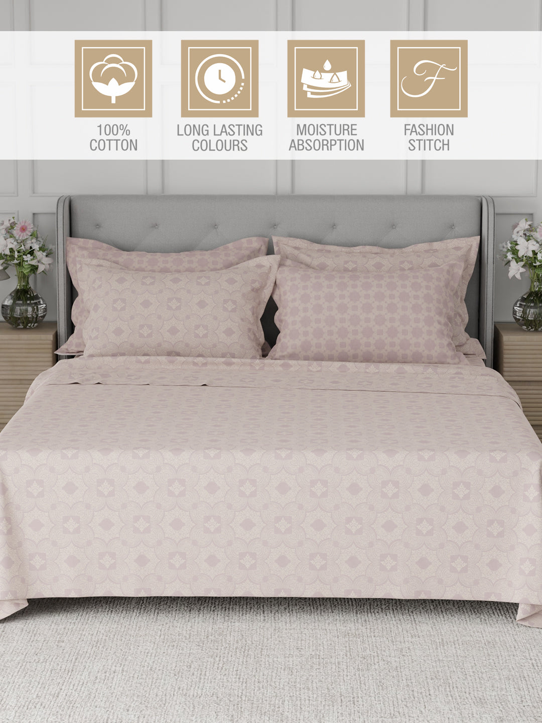 Platinum Pulse 100% Cotton 800 TC Light Purple Digitally Printed King Bedsheet with 4 Pillow Covers