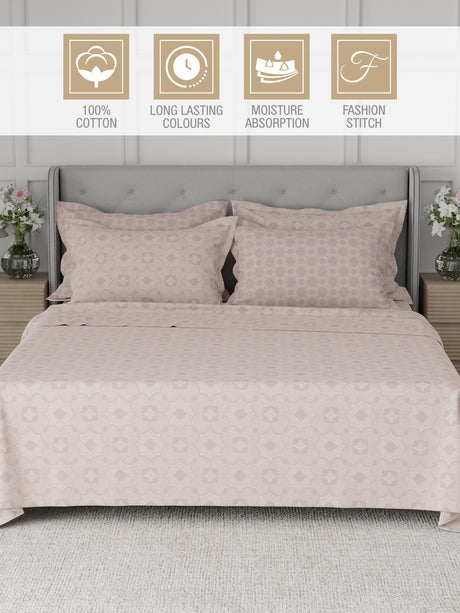 Platinum Pulse 100% Cotton 800 TC Light Purple Digitally Printed King Bedsheet with 4 Pillow Covers