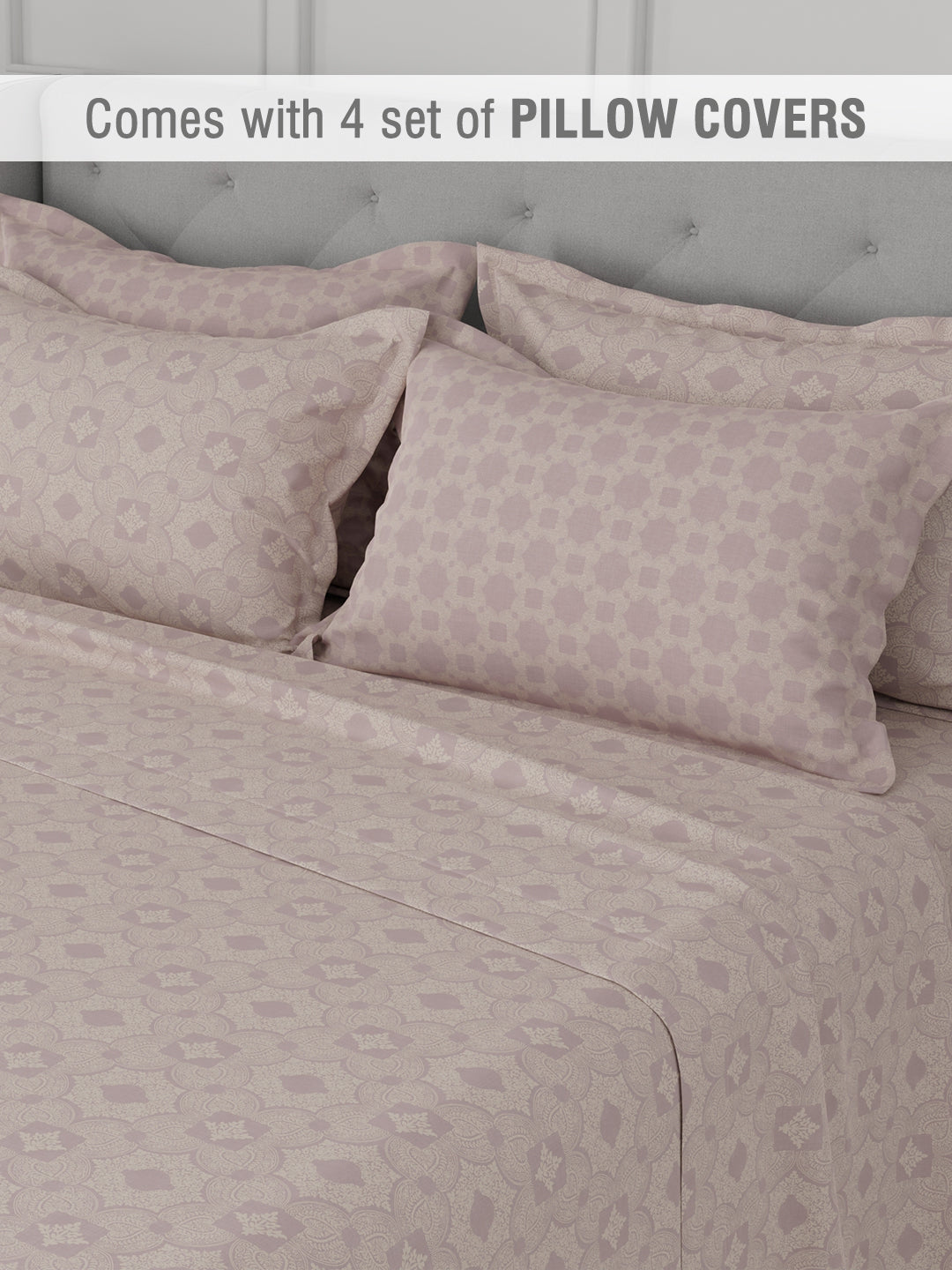 Platinum Pulse 100% Cotton 800 TC Light Purple Digitally Printed King Bedsheet with 4 Pillow Covers