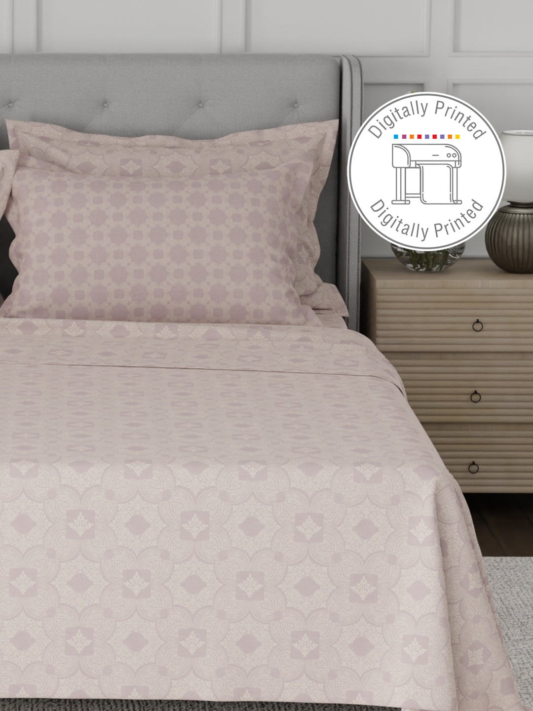 Platinum Pulse 100% Cotton 800 TC Light Purple Digitally Printed King Bedsheet with 4 Pillow Covers