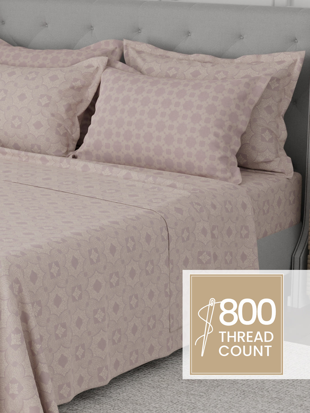 Platinum Pulse 100% Cotton 800 TC Light Purple Digitally Printed King Bedsheet with 4 Pillow Covers