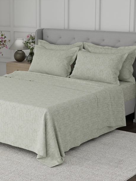 Platinum Pulse 100% Cotton 800 TC Light Green Digitally Printed King Bedsheet with 4 Pillow Covers