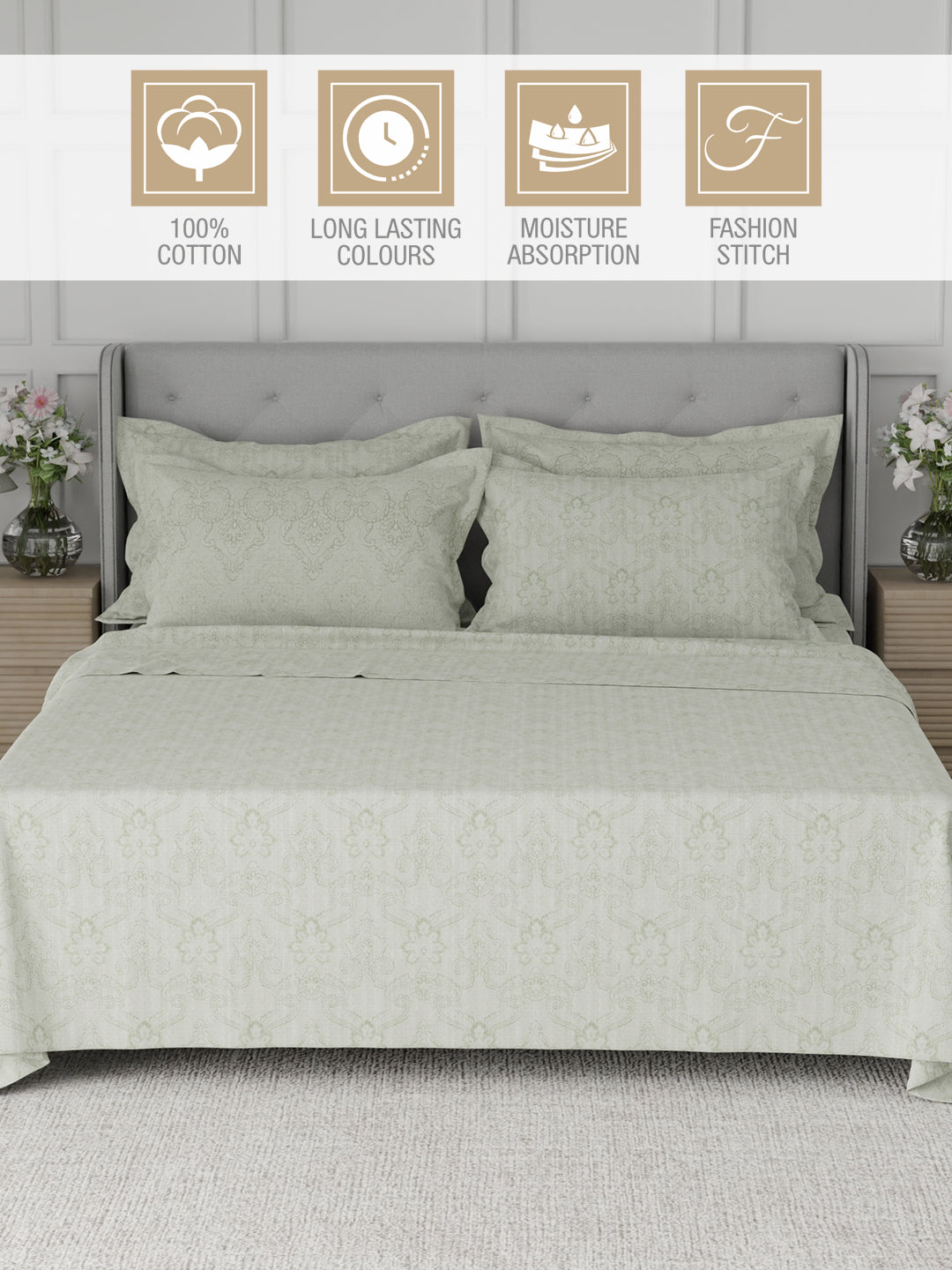 Platinum Pulse 100% Cotton 800 TC Light Green Digitally Printed King Bedsheet with 4 Pillow Covers