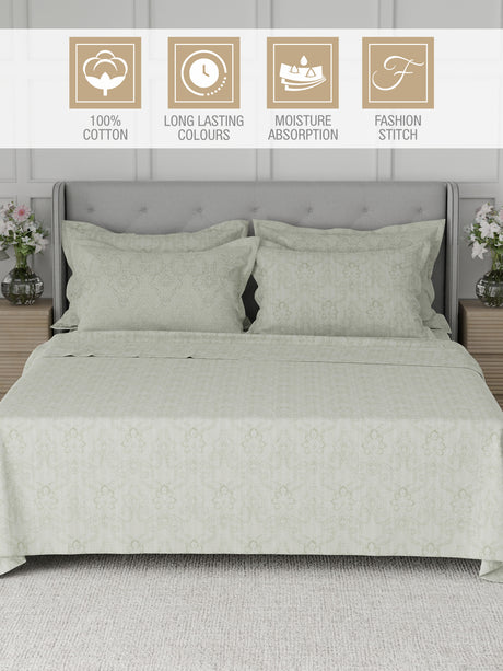 Platinum Pulse 100% Cotton 800 TC Light Green Digitally Printed King Bedsheet with 4 Pillow Covers