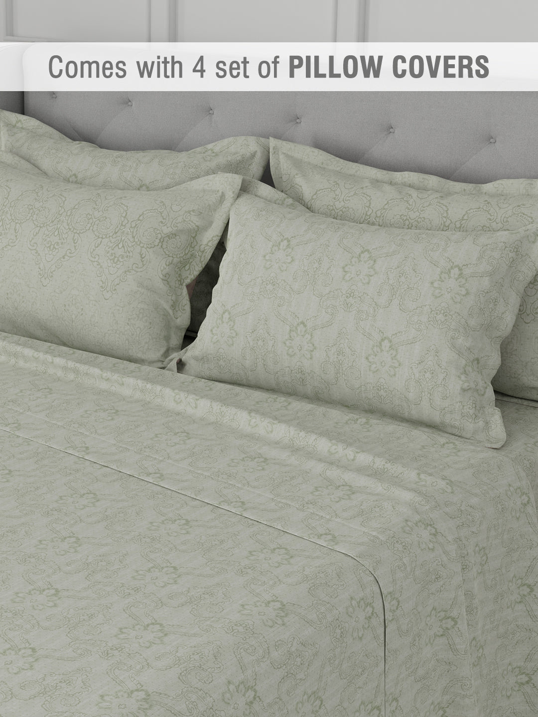 Platinum Pulse 100% Cotton 800 TC Light Green Digitally Printed King Bedsheet with 4 Pillow Covers