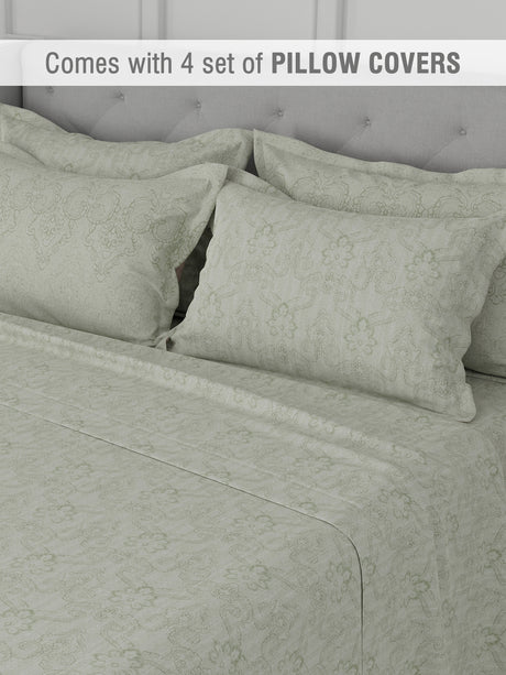 Platinum Pulse 100% Cotton 800 TC Light Green Digitally Printed King Bedsheet with 4 Pillow Covers