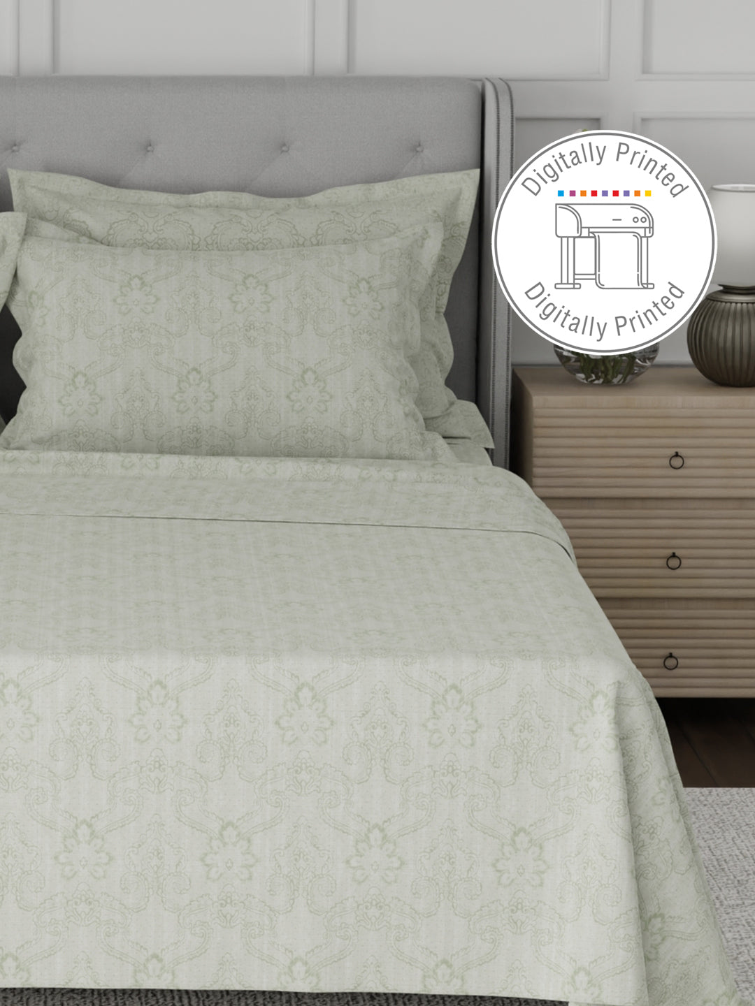 Platinum Pulse 100% Cotton 800 TC Light Green Digitally Printed King Bedsheet with 4 Pillow Covers